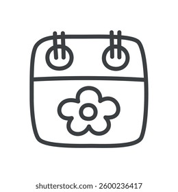 Cute spring calendar icon. Hand drawn monochrome illustration of an organizer page decorated with a flower isolated on a white background. Kawaii sticker. Vector 10 EPS.