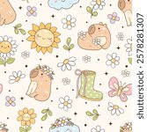 Cute Spring Capybara Seamless Pattern. Vector Illustration