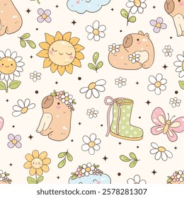 Cute Spring Capybara Seamless Pattern. Vector Illustration