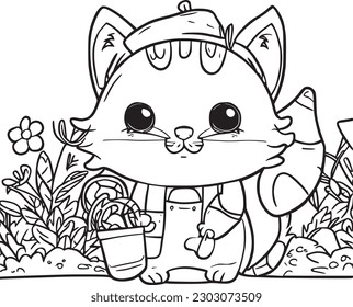 Cute spring card with a cat. Gardening concept. Animal in the garden. Hand draw illustration in cartoon style. Vector.