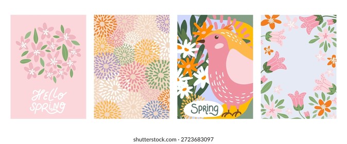 Cute spring card collection with flowers and birds. Hand drawn vector posters in pastel colors. Perfect for seasonal greetings, holiday invites and nursery wall art