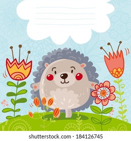 Cute spring card with funny cartoon hedgehog, flowers and place for your text. Vector kids illustration.
