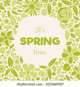 Cute spring card with hand drawn flowers and greeting. Vector.