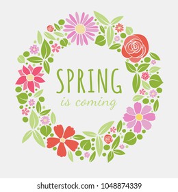Cute spring card with hand drawn flowers and greeting. Vector.