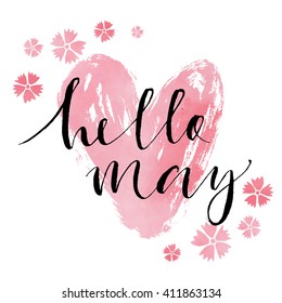 Cute spring card template "Hello may" on watercolor heart and flower background. 
