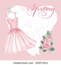 Cute spring  Card.Watercolor pink dress on hanger, roses group,grunge heart,word spring.Hand drawn doodle sketchy,watercolor decor.Wedding,bridal shower invitation.Vintage Vector background