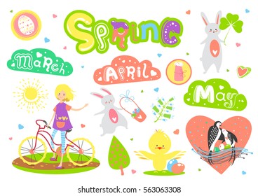 Cute Spring cartoon characters and elements set. Works well as lovely vector sticker, greeting card, poster, label, banner, design for kid accessories. Easter bunny, girl, chicken, egg, bird.