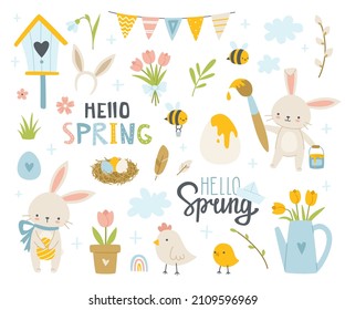 Cute spring cartoon set with easter bunny. Collection of doodle eggs, flowers, lettering, rabbits, chicken, plants.