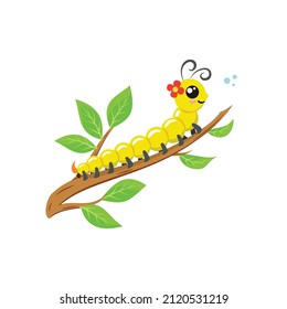 Cute spring caterpillar on branch with leaves. Cartoon bug character for kids. Isolated on white background. Flat design vector illustration