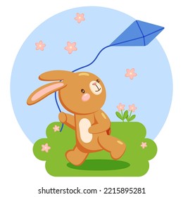 Cute spring character bunny running with kite
