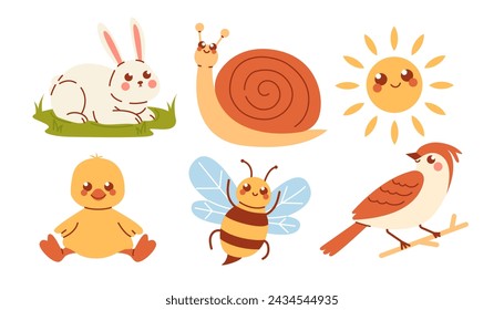 Cute spring characters isolated on a white background. Animals and insects flat