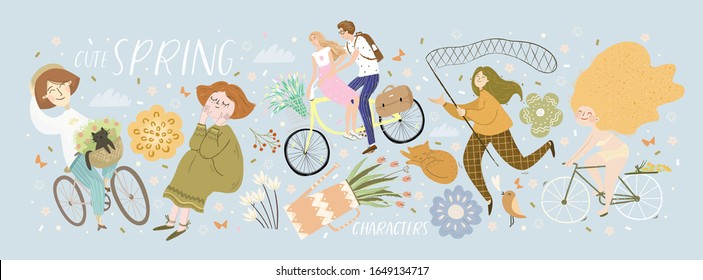 Cute spring characters! Vector cute illustration with girls on a bicycle, couple riding a bike, girl with a butterfly net, spring flowers and isolated objects. Drawings for a card, poster or postcard