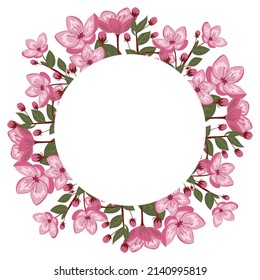 Cute feder Kirschblüte Vektorgrafik. Frühjahrsrahmen mit Blumen, Blättern und Ästen für Dekorationen, Grußkarten, Postkarten, Hochzeitseinladungen