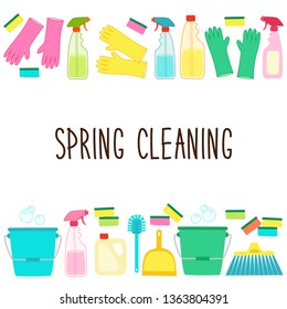 Cute spring cleaning utensils background in vivid eye catching colors