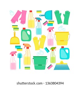 Cute spring cleaning utensils background in vivid eye catching colors