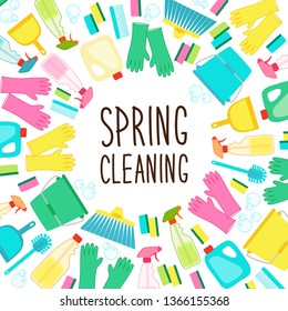 Cute spring cleaning utensils background in vivid eye catching colors