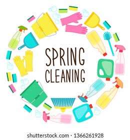 Cute spring cleaning utensils background in vivid eye catching colors