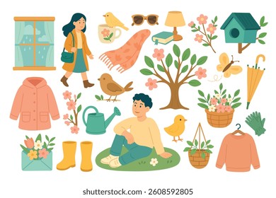 Cute spring clipart collection with people, flowers, birds, clothes, plants, tree and umbrella.