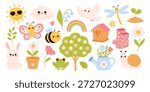 Cute spring clipart set. Kawaii animals, flowers, insects and garden elements. Springtime objects for kids design, nursery decor, stickers, cards and education. Hand drawn vector illustration