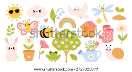Cute spring clipart set. Kawaii animals, flowers, insects and garden elements. Springtime objects for kids design, nursery decor, stickers, cards and education. Hand drawn vector illustration