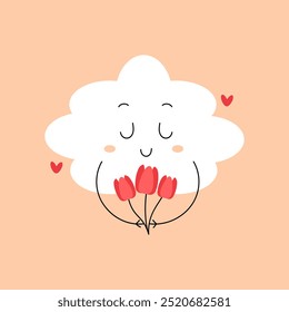 Linda nube de primavera con una cara sonriente que sostiene flores de tul. Ilustración vectorial