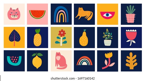 Cute spring collection of cute cards with cats. Decorative abstract illustrations with colorful doodles. Hand-drawn modern illustrations with cats, flowers, abstract elements. Abstract series