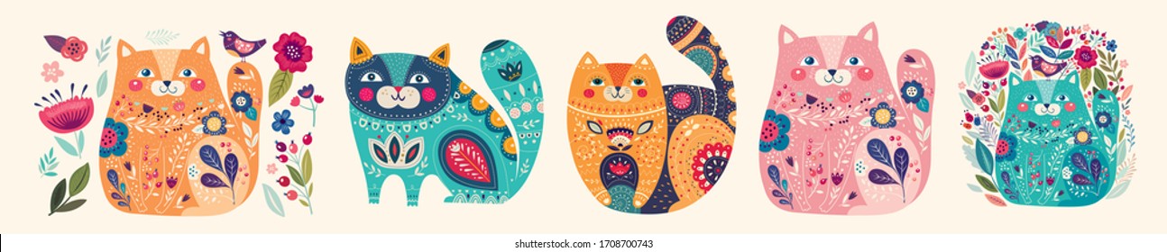 Cute spring collection with cats. Decorative abstract horizontal banner with colorful cats. Hand-drawn modern illustrations with cats and flowers