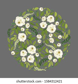 Cute Spring collection floral background with bouquets of hand drawn rustic white roses flowers and green leaves branches, vector arrangements for boutique banners, woman clothes catalog cover etc