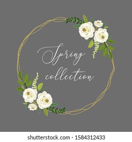 Fundo floral bonito da coleção de primavera com buquês de rosas brancas rústicas desenhadas à mão e ramos de folhas verdes, arranjos vetoriais para banners boutique, capa de catálogo de roupas de mulher etc
