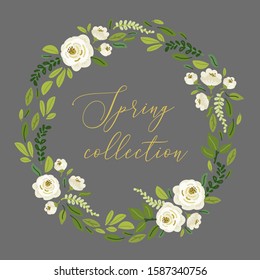 Cute Spring collection floral background with bouquets of hand drawn rustic white roses flowers and green leaves branches, vector arrangements for boutique banners, woman clothes catalog cover etc