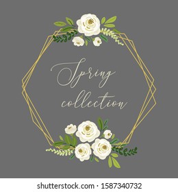 Cute Spring collection floral geometric frame with bouquets of hand drawn white roses flowers and green leaves branches, vector arrangements for boutique banners, woman clothes catalog cover etc