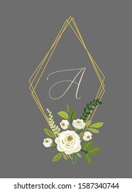 Cute Spring collection floral geometric frame with bouquets of hand drawn white roses flowers and green leaves branches, vector arrangements for boutique banners, woman clothes catalog cover etc