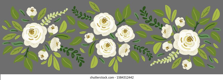 Cute Spring collection floral horizontal background with bouquets of hand drawn rustic white roses flowers and green leaves branches, vector arrangements for boutique banners etc