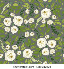 Cute Spring collection floral seamless pattern background with bouquets of hand drawn rustic white roses flowers and green leaves branches, as wallpaper for boutique, woman clothes catalog cover etc