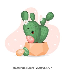 Cute spring colorful Cactus in pot with flowers and Easter eggs in flat design