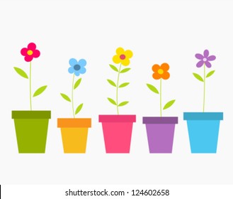 Cute spring colorful flowers in pots. Vector illustration