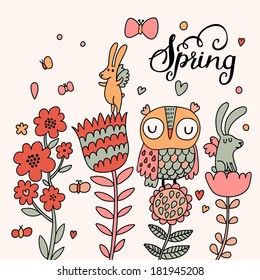 Cute spring concept card in vector. Cartoon owl and rabbits on flowers in gentle colors