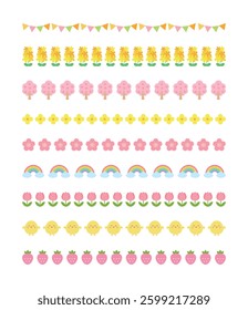 Cute spring concept icon border line set. Cherry blossoms, flowers, rainbow, balloons, hot air balloons, chicks, rape blossoms, garland, strawberries, trees, tulips.