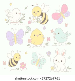 Cute Spring Critters Clipart featuring bees, butterflies, and robin birds in a soft pastel style. Perfect for nursery decor, kids printables, stickers, and decorative stationery