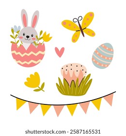 Cute spring decorations featuring a bunny, butterfly, flowers, and Easter eggs placed in a colorful arrangement for celebration