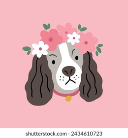 Cute spring dog with flowers. Vector illustration in flat style