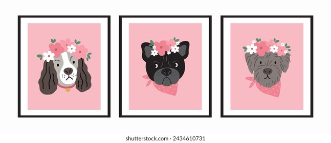 Cute spring dog with flowers. Vector illustration in flat style