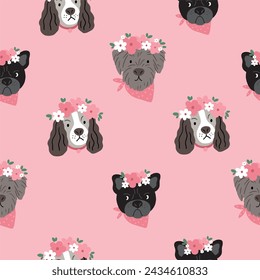 Lindo perro de primavera con flores. Vector patrón sin fisuras en estilo plano