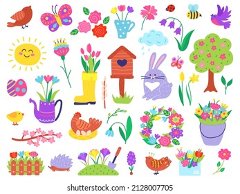 Cute spring doodles, hand drawn easter and springtime elements. Blossom flowers, birds, rabbit, chicken, flower garden doodle vector set. Illustration of spring element and eggs easter