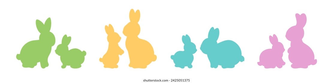 Cute spring Easter bunnies moms and kids couples. Simple icons of a rabbit mother and bunny baby. Cute rabbit cut file shapes vector illustration. For mother day, happy spring, Easter greeting.