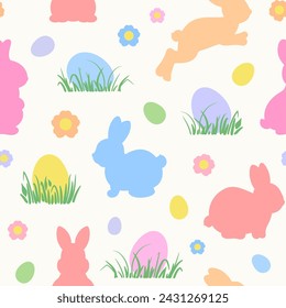 Cute spring Easter bunnies seamless pattern. Rabbits and eggs repeat design colorful vector illustration. Simple rabbit silhouettes seamless design. Easter bunny rabbit shapes. Soft spring colors.