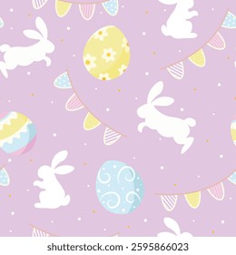 Cute spring Easter bunnies seamless pattern. Rabbits and eggs repeat design colorful vector illustration. Simple rabbit silhouettes seamless design. Easter bunny rabbit shapes. Soft spring colors.