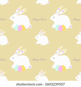 Cute spring Easter bunnies seamless pattern. Rabbits and eggs repeat design colorful vector illustration. Simple rabbit silhouettes seamless design. Easter bunny rabbit shapes. Soft spring colors.