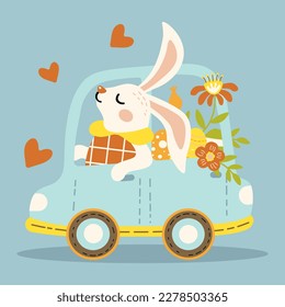 cute spring easter bunny in the car