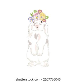 Cute spring Easter bunny in floral wreath hand drawn vector illustration isolated on white. Vintage classic aesthetic print.